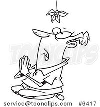 Cartoon Black and White Line Drawing of a Desperate Guy Praying Under Mistletoe by Toonaday