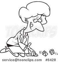 Cartoon Black and White Line Drawing of a Business Woman Kneeling and Rolling Dice by Toonaday