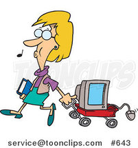 Cartoon Lady Whistling and Pulling a Computer in a Wagon by Toonaday