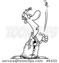 Cartoon Black and White Line Drawing of a Business Man Flipping a Coin by Toonaday