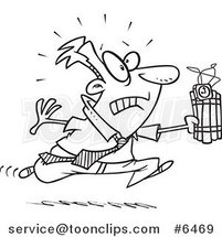 Cartoon Black and White Line Drawing of a Business Man Running with Dynamite by Toonaday