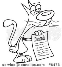 Cartoon Black and White Line Drawing of a Cat with a List of Demands by Toonaday