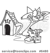 Cartoon Black and White Line Drawing of a Cat Blowing up a Dog House by Toonaday