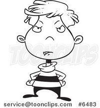 Cartoon Black and White Line Drawing of a Disappointed Boy by Toonaday