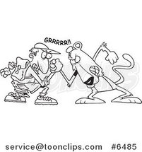 Cartoon Black and White Line Drawing of a Guy Wrestling with a Cougar by Toonaday