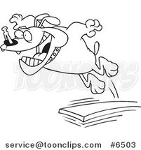 Cartoon Black and White Line Drawing of a Bulldog Jumping off of a Diving Board by Toonaday