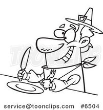 Cartoon Black and White Line Drawing of a Hungry Pilgrim Awaiting His Dinner by Toonaday