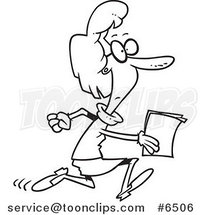 Cartoon Black and White Line Drawing of a Business Woman Running with Documents by Toonaday