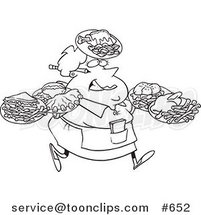Cartoon Line Art Design of a Fat Female Waitress Carrying Many Plates by Toonaday