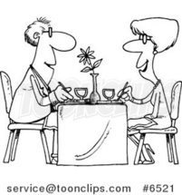 Cartoon Black and White Line Drawing of a Couple Dining at a Restaurant by Toonaday