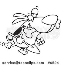 Cartoon Black and White Line Drawing of a Dog Carrying a Shovel by Toonaday