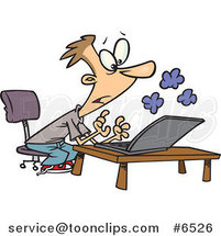 Cartoon Young Guy Using a Smoking Laptop by Toonaday