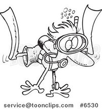 Cartoon Black and White Line Drawing of a Scared Diver by Toonaday