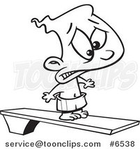 Cartoon Black and White Line Drawing of a Scared Boy on a Diving Board by Toonaday