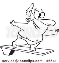 Cartoon Black and White Line Drawing of a Chubby Guy on a Diving Board by Toonaday