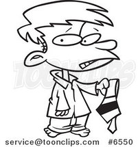 Cartoon Black and White Line Drawing of a Disappointed Boy Holding a Tie by Toonaday