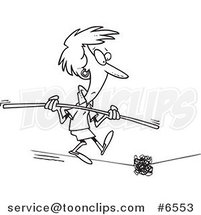 Cartoon Black and White Line Drawing of a Lady Coming Across a Dilemma on a Tight Rope by Toonaday
