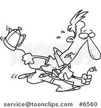 Cartoon Black and White Line Drawing of a Distressed Business Man Running with a Coffee Pot by Toonaday