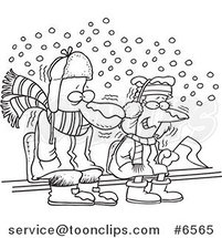 Cartoon Black and White Line Drawing of Diehard Fans Sitting in the Snow by Toonaday
