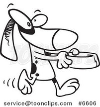 Cartoon Black and White Line Drawing of a Dog Carrying a Dish by Toonaday