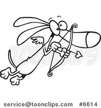 Cartoon Black and White Line Drawing of a Cupid Wiener Dog by Toonaday