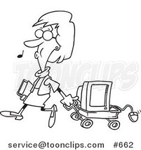 Cartoon Line Art Design of a Lady Whistling and Pulling a Computer in a Wagon by Toonaday