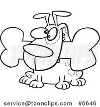Cartoon Black and White Line Drawing of a Dog with a Bone by Toonaday