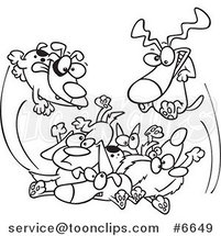 Cartoon Black and White Line Drawing of Dogs Jumping in a Pile by Toonaday
