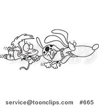 Cartoon Line Art Design of a Boy Trailing After a Dog on a Leash by Toonaday