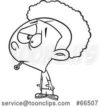 Cartoon Black and White Girl Sick with the Flu, a Thermometer in Her Mouth by Toonaday