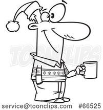 Cartoon Black and White Guy Wearing a Christmas Sweater and Santa Hat and Holding a Coffee Cup at a Party by Toonaday