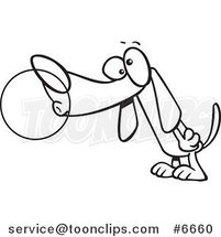 Cartoon Black and White Line Drawing of a Dog Chewing Bubble Gum by Toonaday