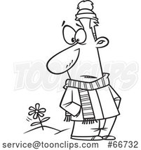 Cartoon Outline Guy in Winter Clothes, Seeing a Spring Flower by Toonaday
