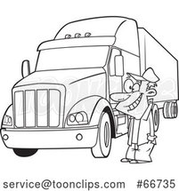 Cartoon Outline Happy Trucker by His Big Rig by Toonaday