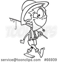 Cartoon Outline Boy Carrying a Fishing Pole by Toonaday