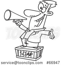 Cartoon Outline Guy Using a Megaphone and Standing on a Soapbox by Toonaday