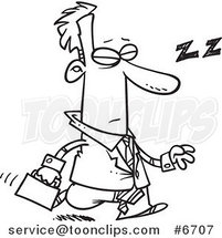 Cartoon Black and White Line Drawing of a Tired Business Man Dozing While Walking by Toonaday