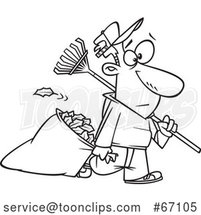 Cartoon Outline Guy Carrying a Rake and Pulling Al Leaf Bag by Toonaday