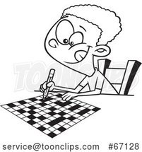 Cartoon Outline Black Boy Doing a Crossword Puzzle by Toonaday