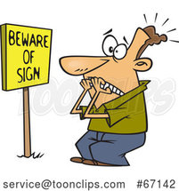 Cartoon White Guy Scared in Front of a Posted Beware of Sign by Toonaday