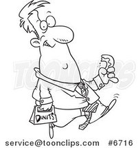 Cartoon Black and White Line Drawing of a Business Man Walking and Eating a Donut by Toonaday