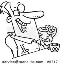 Cartoon Black and White Line Drawing of a Business Man Eating a Donut by Toonaday