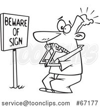 Cartoon Lineart Guy Scared in Front of a Posted Beware of Sign by Toonaday