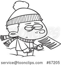 Cartoon Outline Grumpy Boy Shoveling Snow by Toonaday