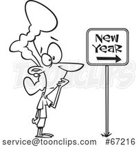 Cartoon Lineart Nervous Lady Looking at a New Year Ahead Sign by Toonaday