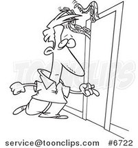 Cartoon Black and White Line Drawing of a Guy Approaching a Door with a Tentacled Monster by Toonaday