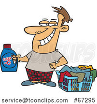 Cartoon Grinning Laundry Lord Guy Holding Detergent by a Basket by Toonaday