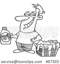 Cartoon Black and White Grinning Laundry Lord Guy Holding Detergent by a Basket by Toonaday