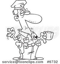 Cartoon Black and White Line Drawing of a Police Guy Eating a Donut by Toonaday