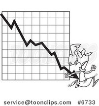 Cartoon Black and White Line Drawing of a Business Woman Running from a Chart Arrow by Toonaday